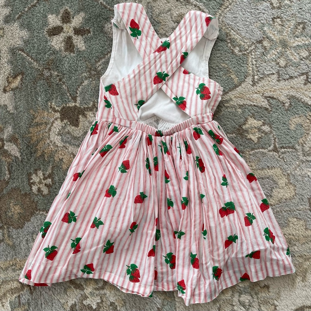 Mini Boden Cross Back Dress Vintage Strawberry Stripe 3-4Y - Picture 2 of 3
